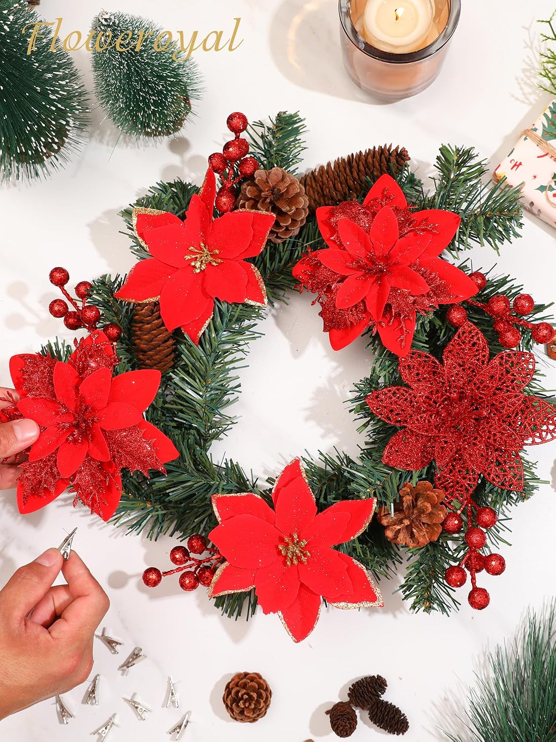 floweroyal 60pcs poinsettia artificial christmas flowers decorations with shown in use