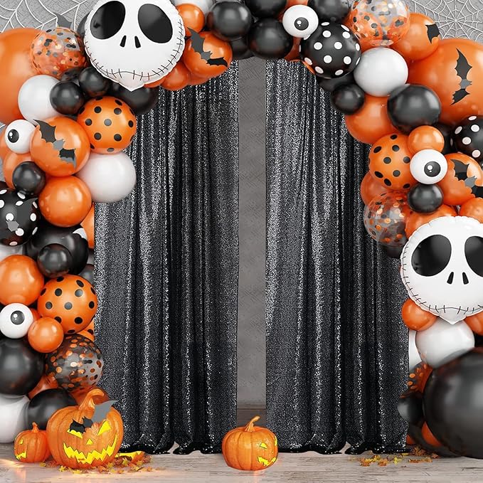 Sugargirl Halloween Black Sequin Backdrop Curtain 4 Panels 2FTx8FT Glitter Black Background Drapes Sparkle Photography Backdrop for Party Wedding Birthday Wall Decoration