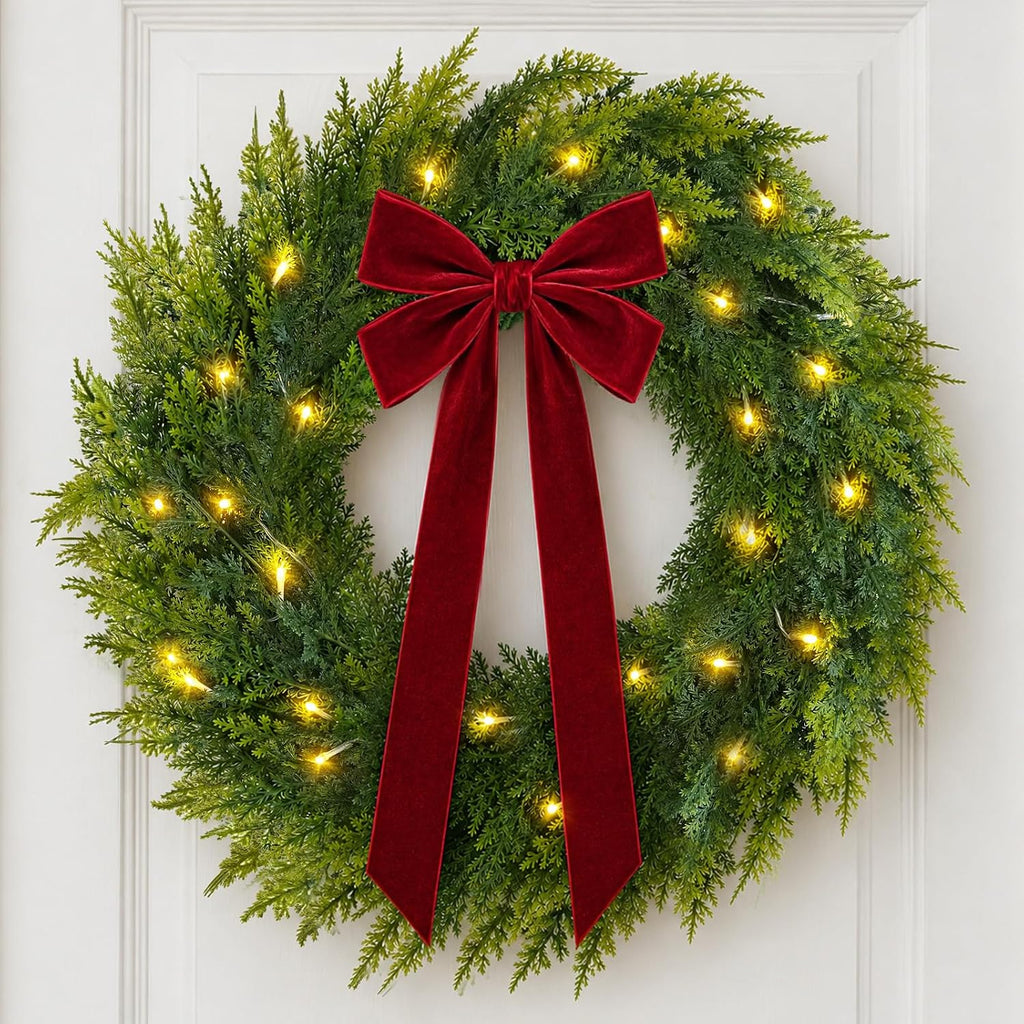 Christmas Decorations, 22 Inch Pre-Lit Christmas Wreath with Red Velvet Bow