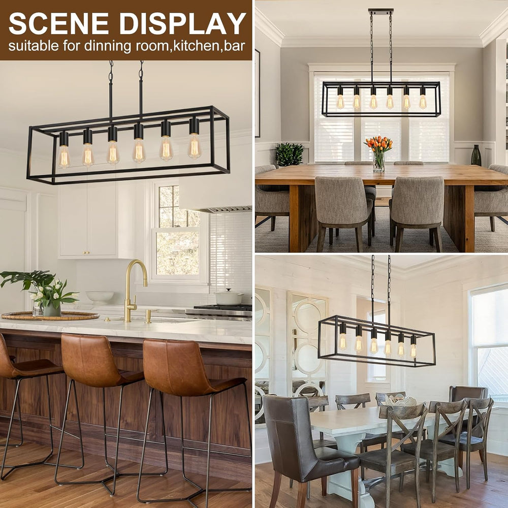 6 Light Black Chandeliers for Dining Room, Adjustable Height Linear Chandelie...