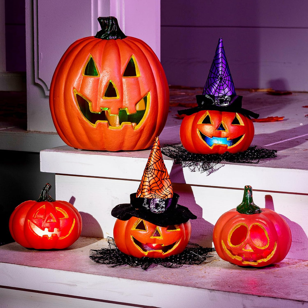 JOYIN 5 Pcs Light Up Halloween Pumpkin Decor Jack O Lantern Decorations Outdoor Indoor, Halloween Props Plastic Pumpkins Large Trick Or Treat Table Top Home Room Party Yards Supplies Favors
