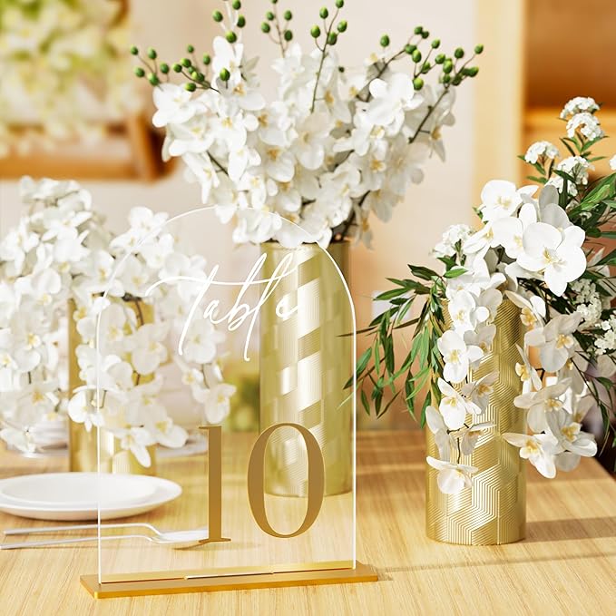 Arch Wedding Table Numbers 1-10 with Stands, Elegant Gold Number 5.5 x 7” Arch Acrylic Signs with Holders, Clear Acrylic Table Numbers for Wedding Reception, Anniversary, Party, Events
