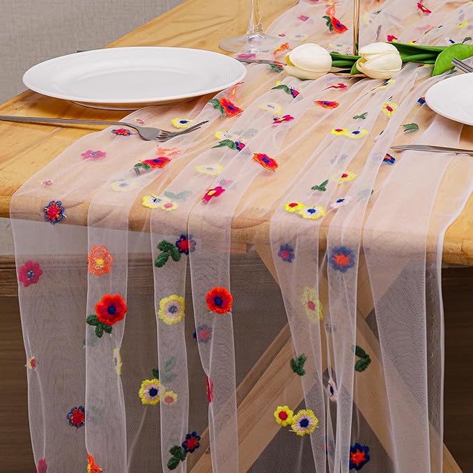 BINBE 6pcs Ivory Daisy Fall Table Runner Embroidery Gauze 10FT Florals Seasonal Tulle Holiday Birthday Kitchen Dining Table Decor for Home Party