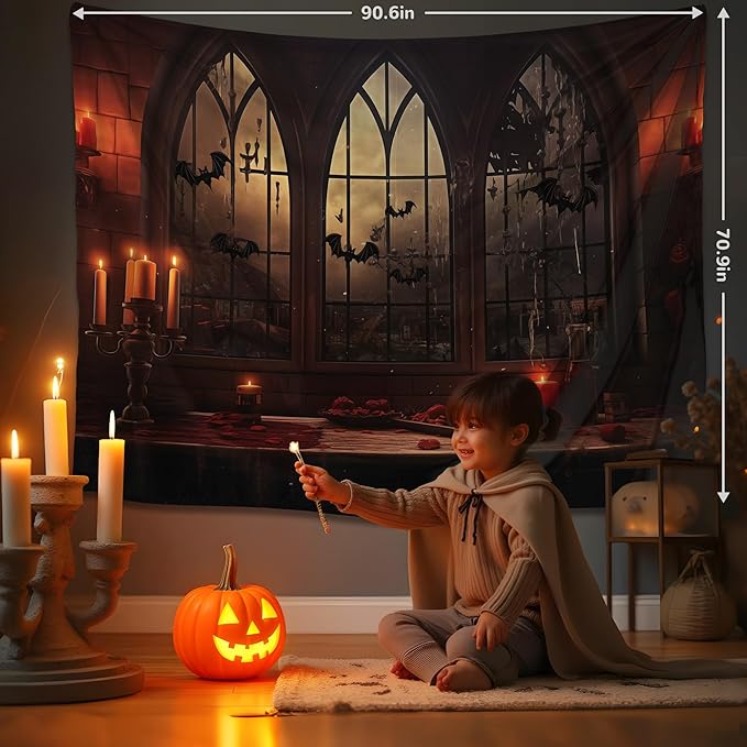 QGHOT Halloween Tapestry Wall Hanging Horror Castle Window Tapestry Gothic Spooky Backdrop Vampire Medieval Tapestries for Bedroom Living Room Dorm Wall Art Decor (90.6"x70.9")
