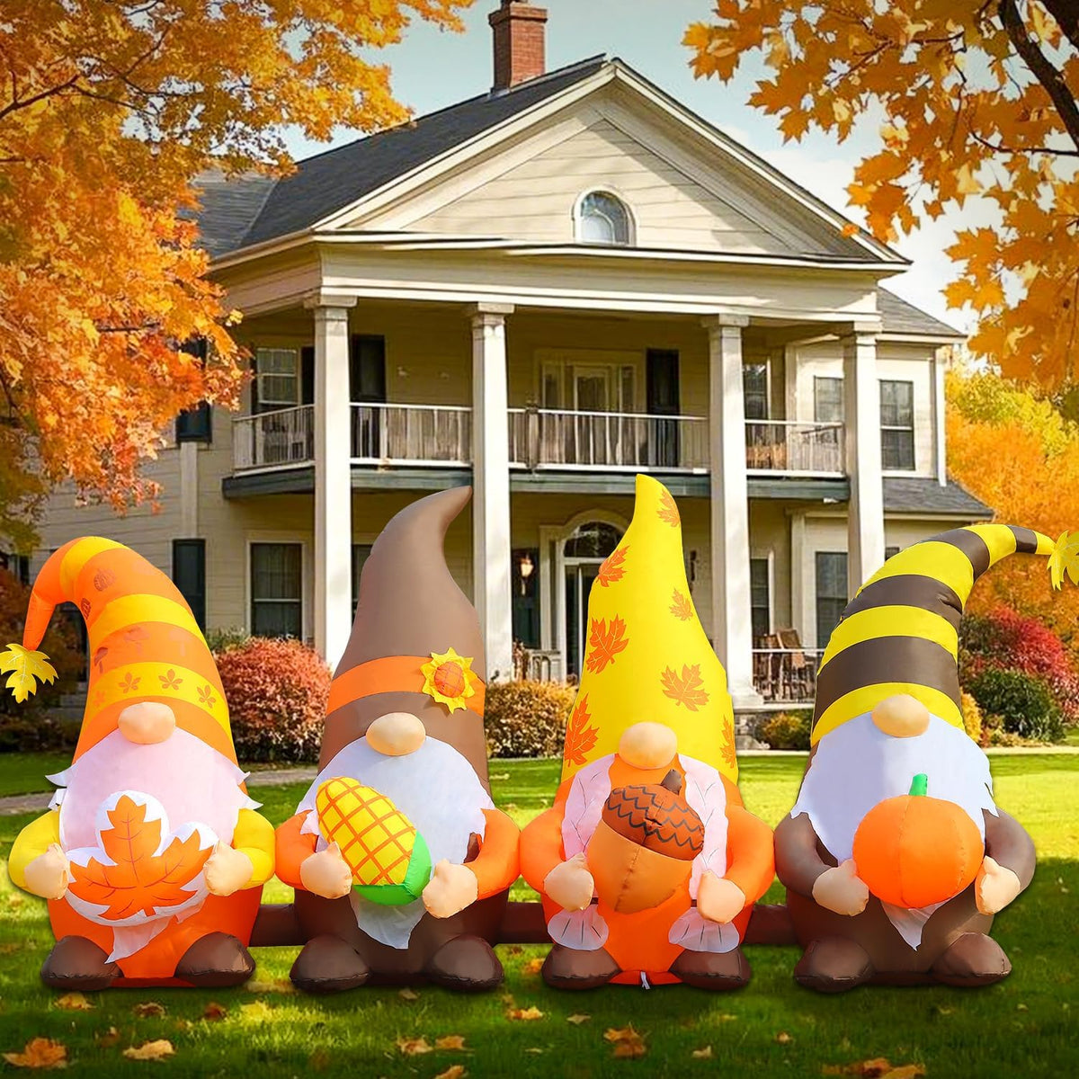 DomKom 8FT Thanksgiving Inflatables Outdoor Decorations, Four Gnomes Fall Blow up Built-in LED Lights for Yard Autumn Holiday Harvest Decor