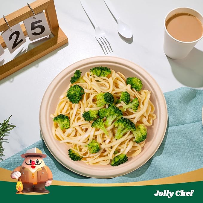 JOLLY CHEF Compostable Heavy Duty Plates 𝟭𝟬 𝗜𝗻𝗰𝗵 [𝟯𝟬𝟬 𝗣𝗮𝗰𝗸] Eco-Friendly Disposable Paper Plates Made of Bagasse Biodegradable Bulk for Party Dinner Sugarcane Fibers Round (Natural) (300 Pack)