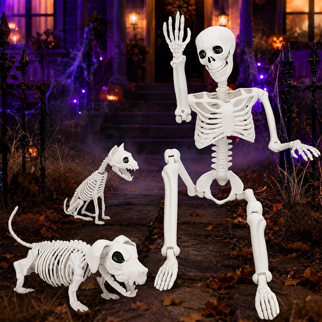 36" Halloween Skeleton Decorations - 3FT Posable Skeleton with Dog & Cat