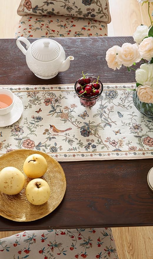 ISAENNE Designer Linen Table Runner 87 Inches Long,Elegant Floral Bird Pattern Table Runners for Dining Room,Farmhouse Rustic Kitchen Decor,Thanksgiving,Christmas,12"*87"-Cornucopia