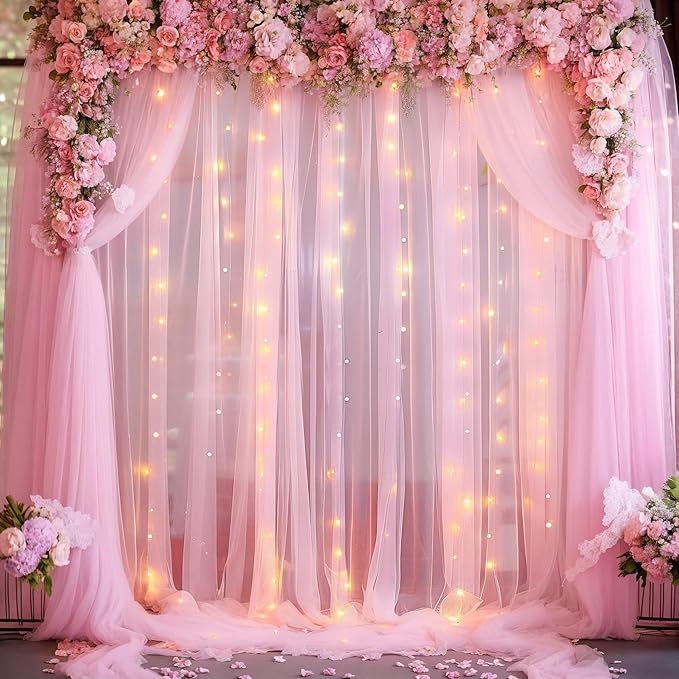 20ft x 10ft Pink Tulle Photo Backdrop Curtain with Lights String for Baby Shower Sheer Baby Pink Curtain Backdrop for Birthday Party Wedding Photo Booth Photography Background Decorations