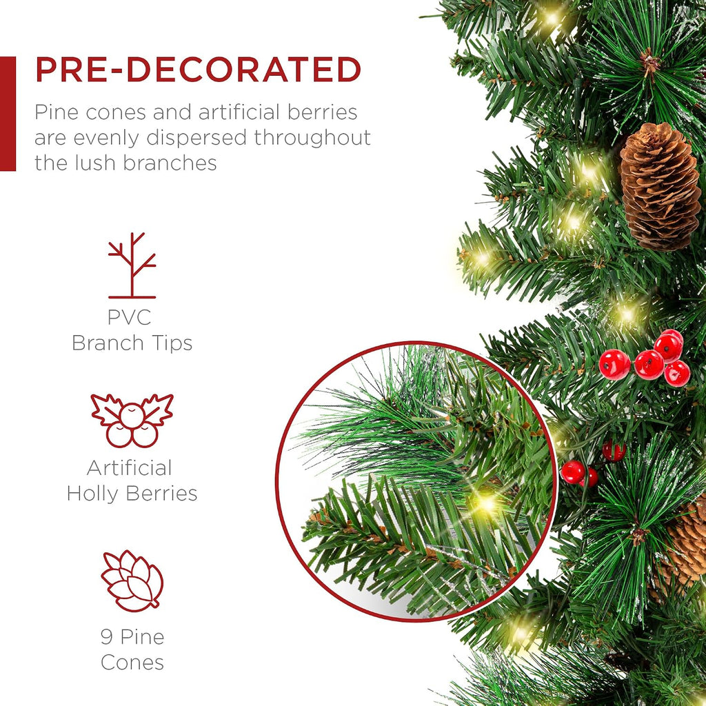 Best Choice Products 9ft Pre-Lit Holiday Pre-Decorated Christmas Garland for Stairs, Fireplace, Decoration w/PVC Tips, 50 LED Lights, Pine Cones, Berries
