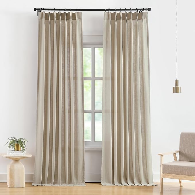 Vision Home Sand Pinch Pleated Semi Sheer Curtains Textured Linen Blended Light Filtering Window Curtains 102 inch for Living Room Bedroom Pinch Pleat Drapes with Hooks 2 Panels 40"Wx102"L,Camel Beige