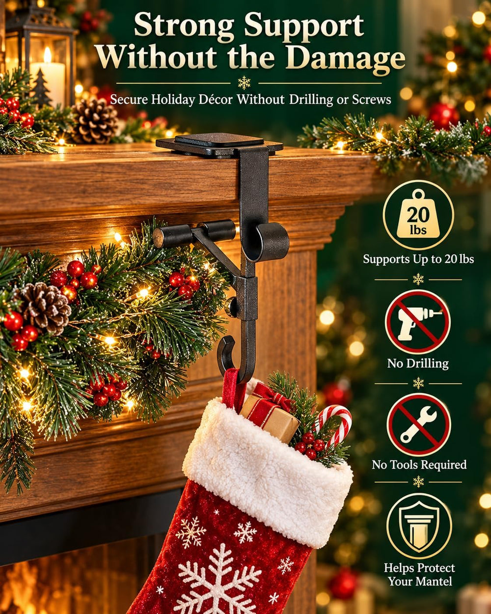Fireplace Stocking and Garland Hanger Adjustable Heavy Duty