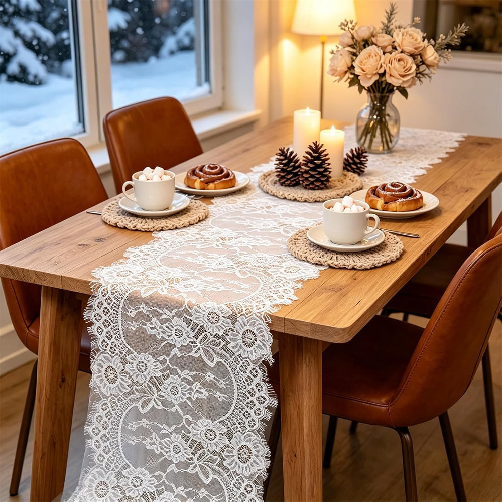 Pardecor Lace Table Runner 12x120 Inch, 10 Pack White for Wedding Party