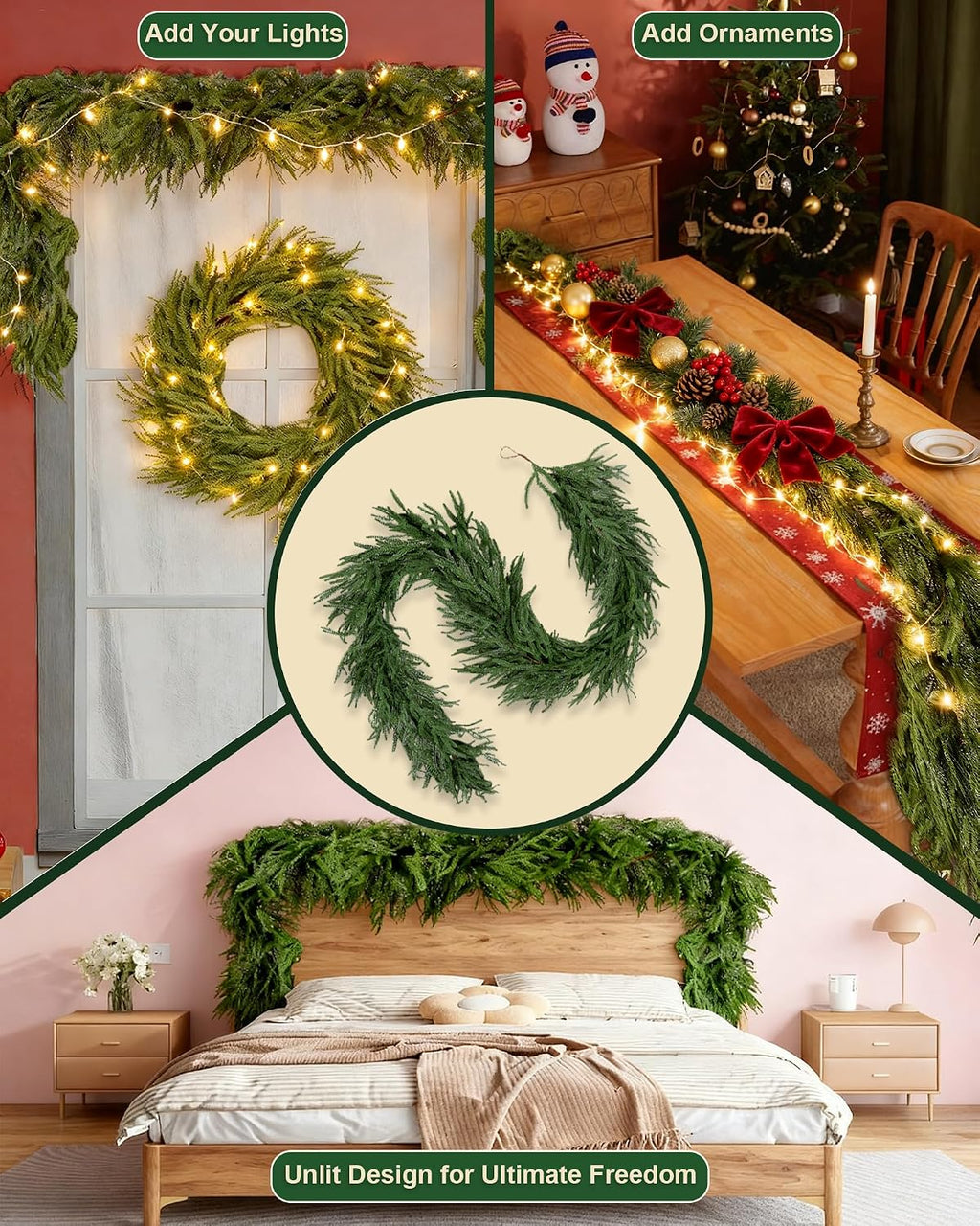 Norfolk Pine Artificial Christmas Garland, Unlit Greenery, 12 FT (6FT*2)