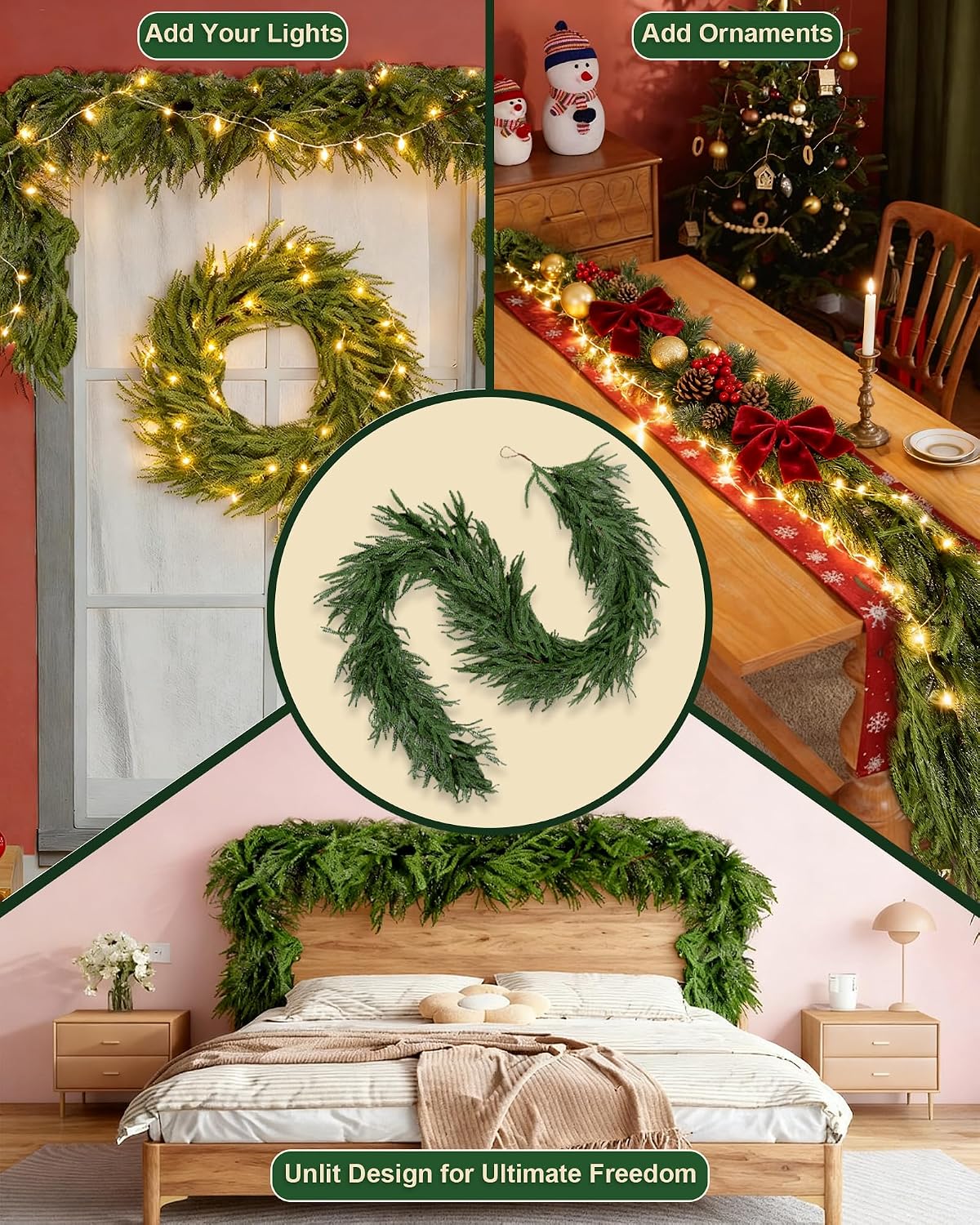 Norfolk Pine Artificial Christmas Garland, Unlit Greenery, 12 FT (6FT*2)