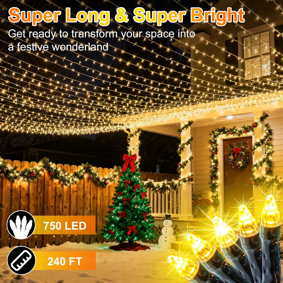 750 led 240ft christmas string lights outdoor, 12 shown in use