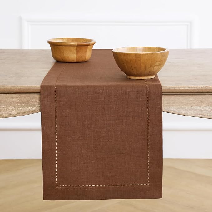 Solino Home Linen Brown Table Runner 120 Inches Long - 100% Pure Linen Hemstitch 14 x 120 Inch Table Runner for Dining, Fall, Autumn, Thanksgiving - Classic Hemstitch