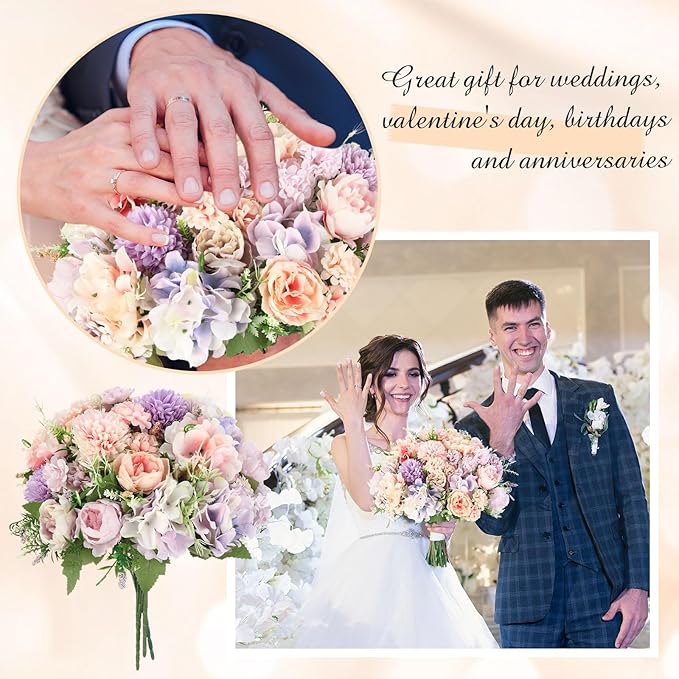 Tigeen Artificial Flowers Artificial Peonies Silk Flowers Faux Peony Fake Peony Silk Hydrangea Bouquet for Wedding Table Centerpiece Floral Vase Decor(Purple,Pink,6 Bundles)