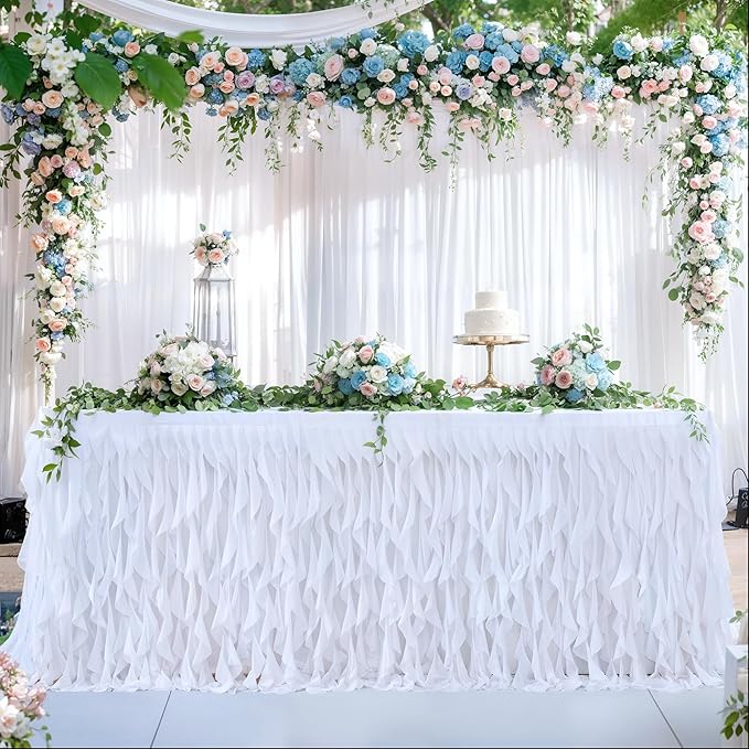 Partisky White Tulle Curly Willow Table Skirt for Rectangle Table 14ft, Ruffle Tutu Table Cloth for Wedding,Bridal Shower, Baby Shower,Birthday Party