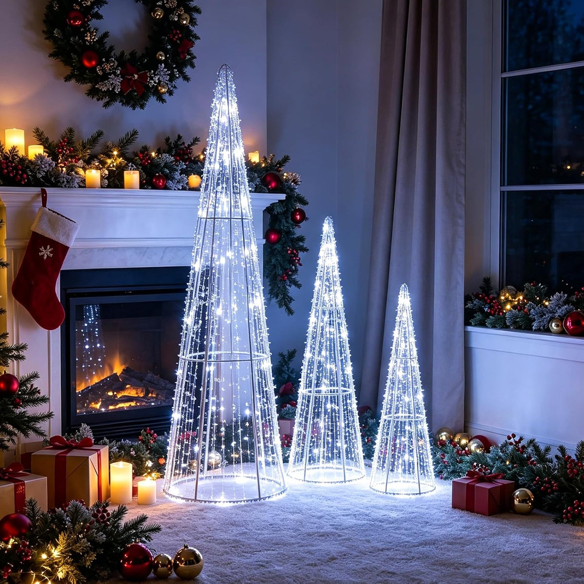 Tangkula Set of 3 Lighted Christmas Cone Trees with Cold White LED Lights