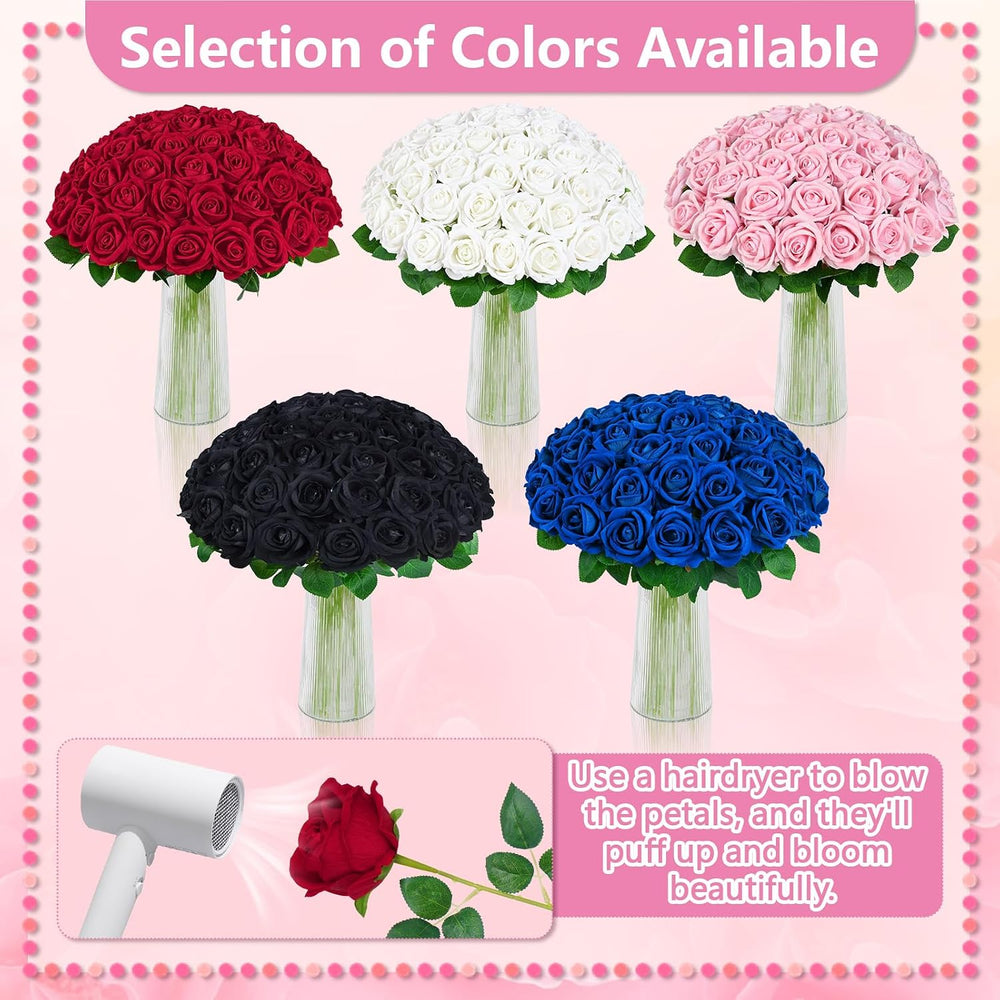 50Pcs Red Roses Artificial Flowers, Real Touch Velvet Fake Roses Bouquet