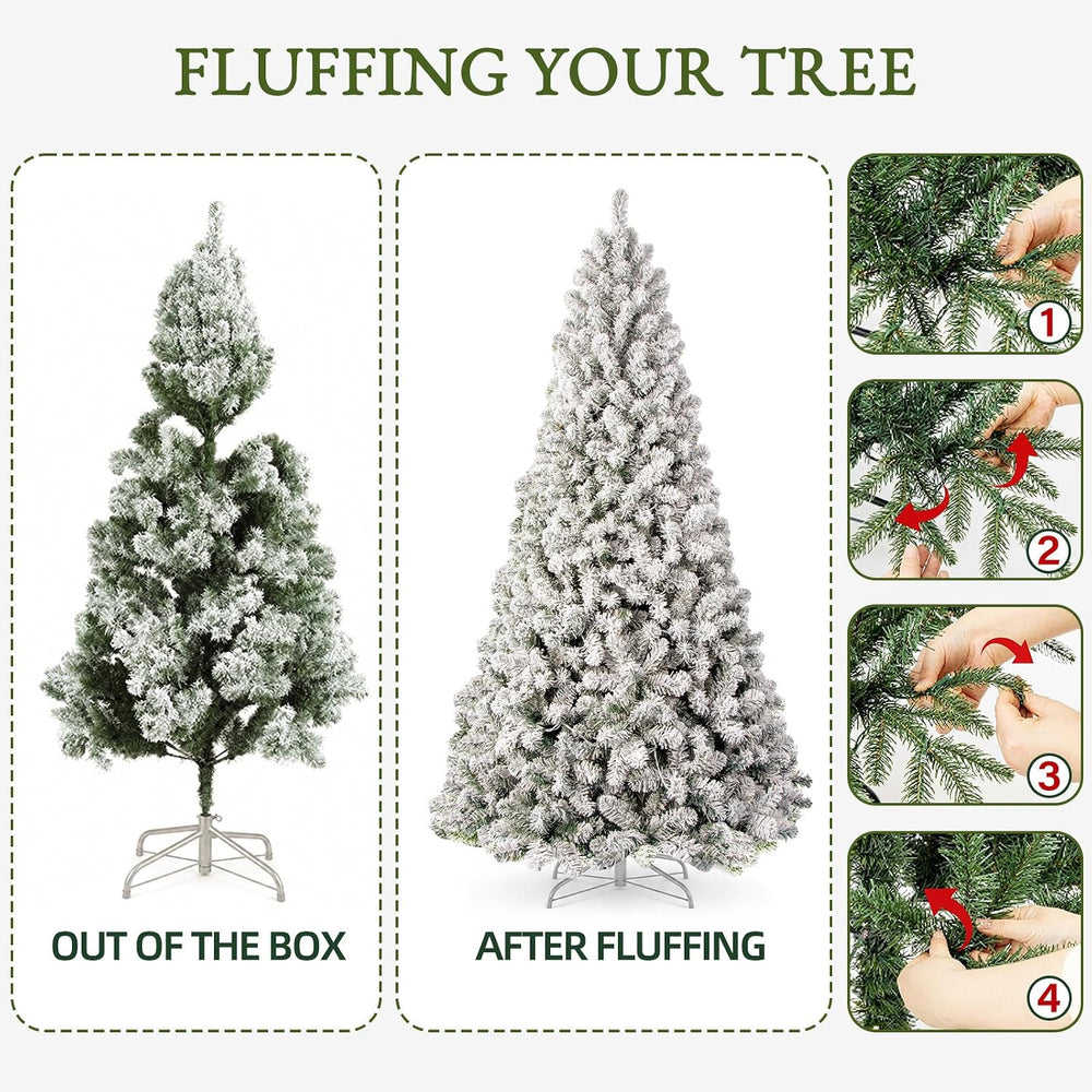 7FT Flocked Prelit Artificial Hinged Christmas Tree