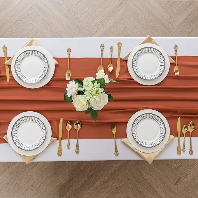 6Pack 9ft Chiffon Table Runner 14x108 Inch Sheer Romantic Table Runner for Wedding Birthday Party Bridal Shower Outdoor Decoration-Rust