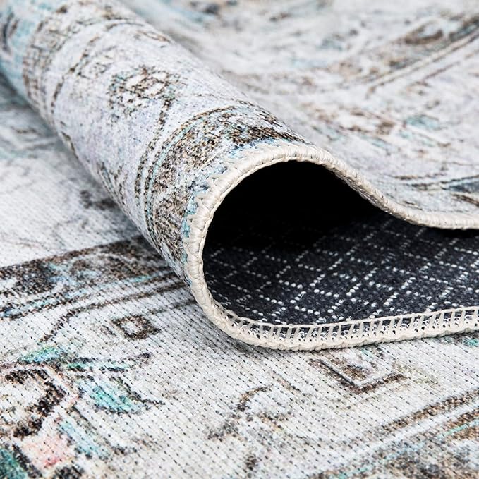 Bloom Rugs Washable Non-Slip 4' x 6' Rug - Beige/Blue Traditional Area Rug for Living Room, Bedroom, Dining Room, and Kitchen - Exact Size: 4' x 6'