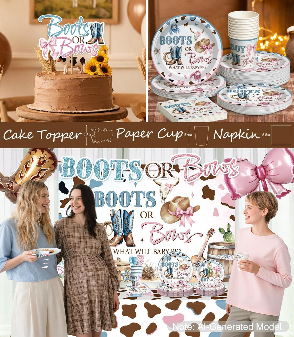 297Pcs Boots or Bows Gender Reveal Decorations Set for 25 Guests