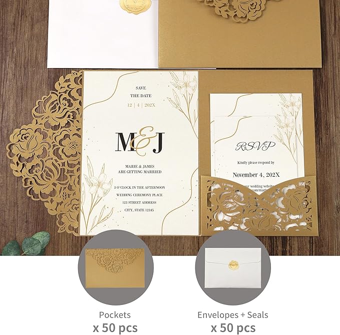 DORIS HOME 50pcs Laser Cut Wedding Invitation Pockets with Envelopes Gold, 5.12" x 7.12"Invitation Cards for Wedding, Anniversary (No Inserts Included)