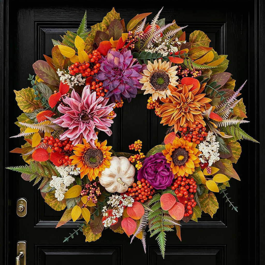 Fall Wreaths for Front Door 24" Vintage Purple Autumn Harvest Wreath