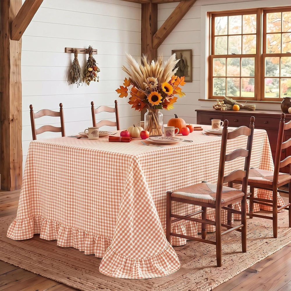 Eternal Beauty Gingham Ruffled Tablecloth Orange White 60x102 Thanksgiving