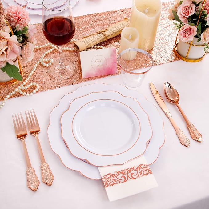 NOCCUR 175PCS Rose Gold Plastic Plates with Disposable Silverware - Include 25Dinner Plates, 25Dessert Plates, 25Forks, 25Knives, 25Spoons, 25Cups, 25Napkins for Wedding&Party