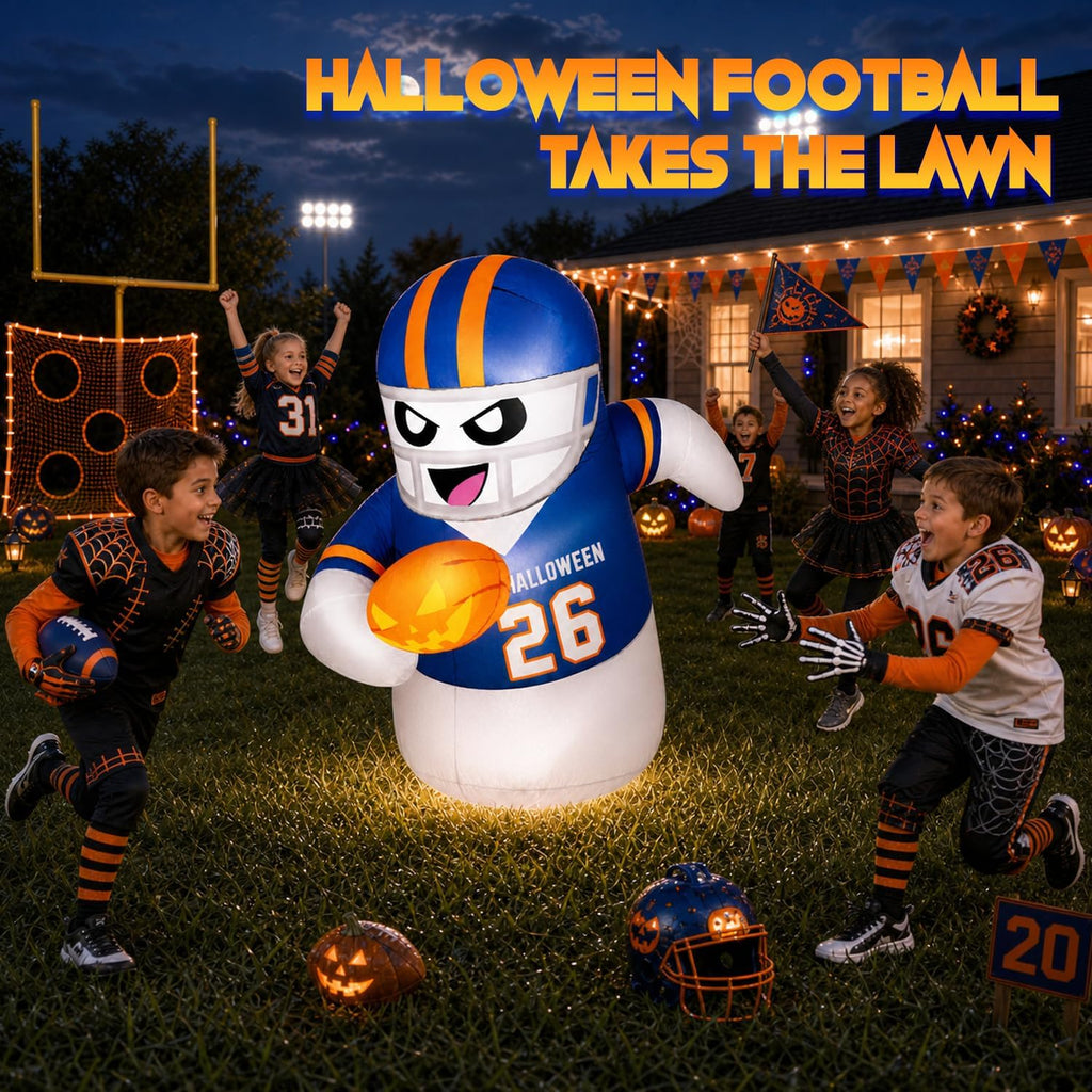 5FT Halloween Inflatables Decorations Outdoor Football Player Ghost Built-in Full-Body Bright LEDs Cute Halloween Blow Up Yard Decoration with Pumpkin Sports-Themed Blowups Lawn for Party