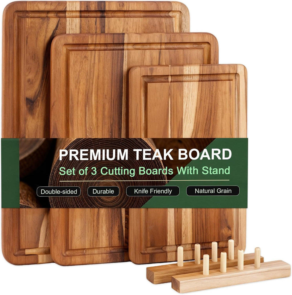 3 Pcs Teak Wood Cutting Board Set with Fast Drying Stand for Kitchen