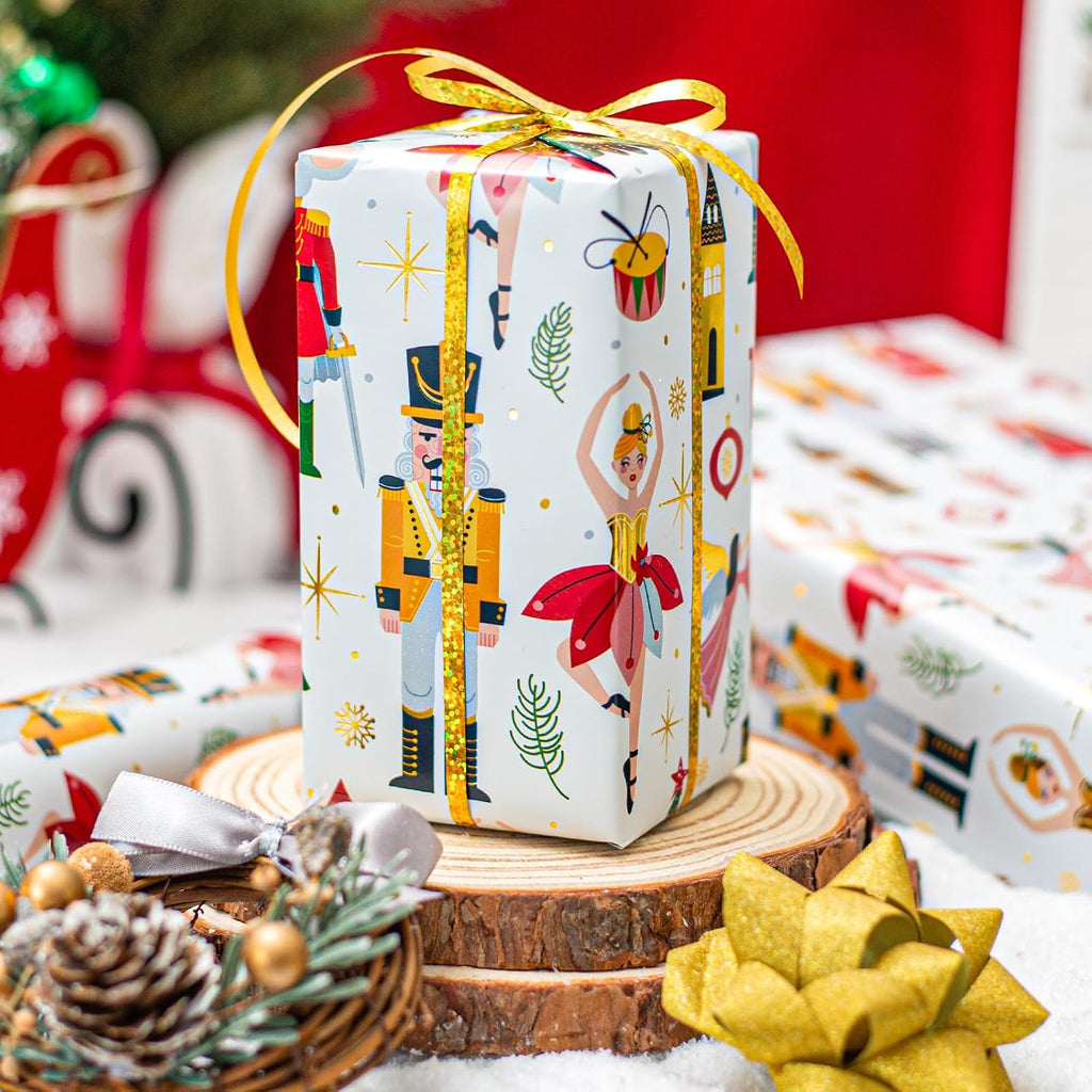 burymento christmas wrapping paper, white nutcracker gold foil showing dimensions