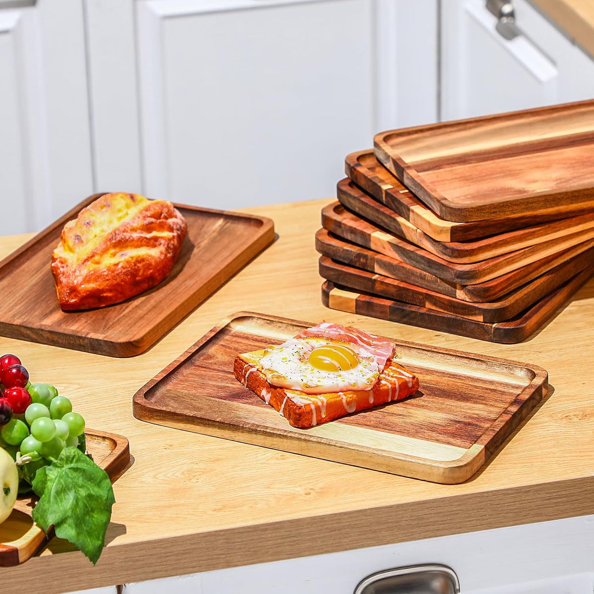 roshtia 24 pcs acacia wood serving tray dinner, side view
