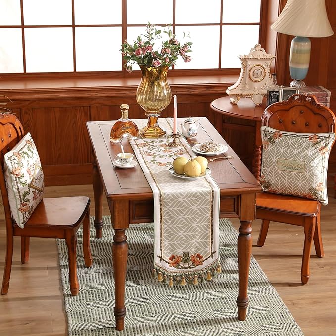 patdrea Designer Elegant French Floral Velvet Table Runner 87 Inch Long, Green with Orange Blossoms Pattern Table Mat, Decor for Kitchen Dining Coffee Table Cabinet Banquet Thanksgiving,12"*87"