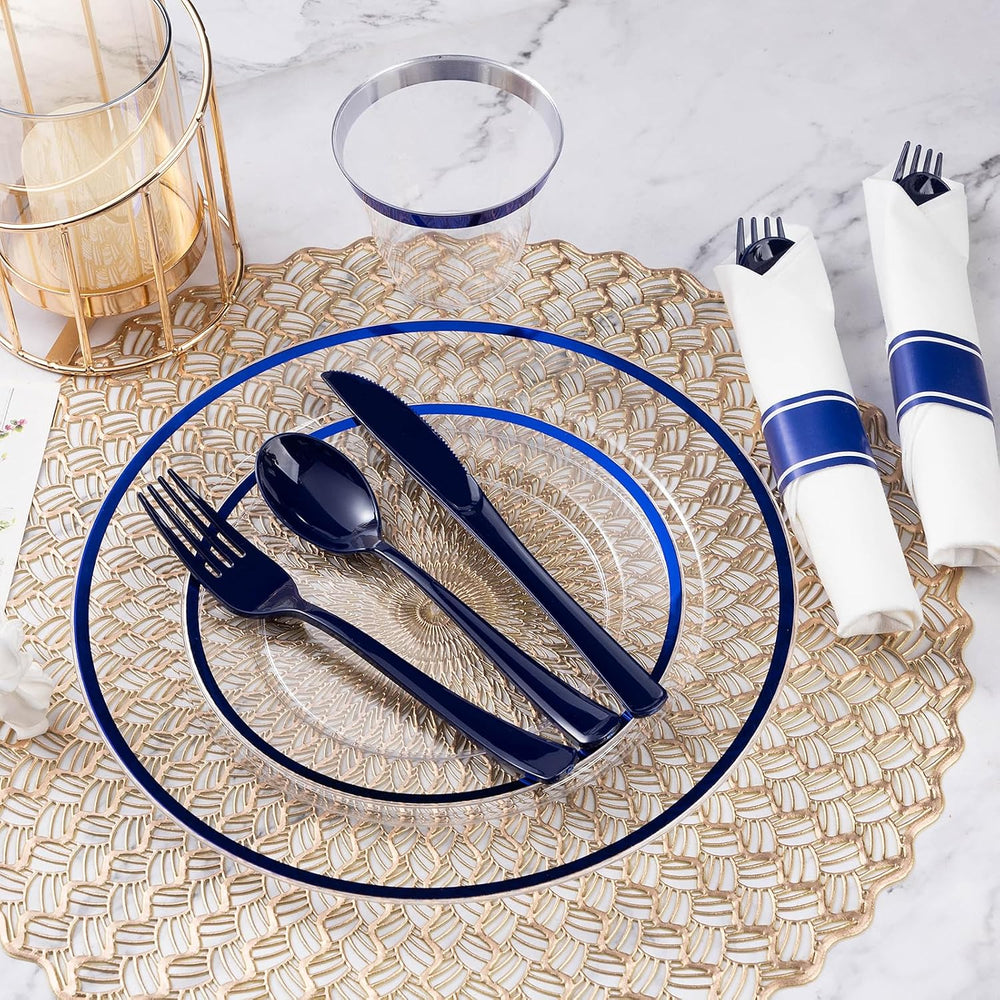 350 Pcs Clear Blue Plastic Plates Disposable for Party 50 Guests