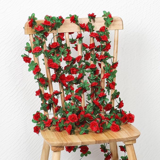 KHOYIME 18 Pack 144 FT Artificial Flower Garland, Fake Red Roses Vines Silk Flowers Faux Plastic Outdoor Hanging Floral Ivy Garland Decoration for Wedding Arch Bedroom Home Wall Backdrop Room Decor