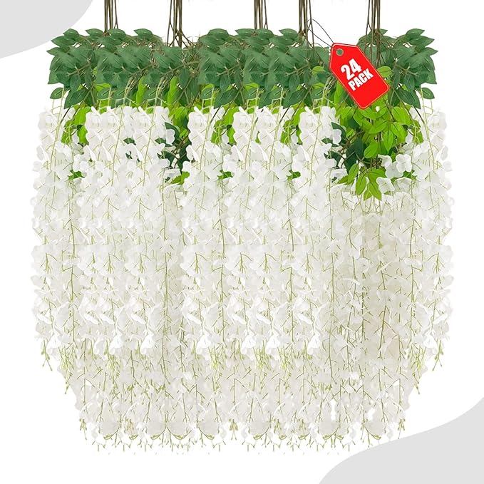 24 Pack White Wisteria Hanging Flowers, 3.4 Ft Fake Hanging Flowers, Artificial Wisteria Garland Vines for Wedding Room Backdrop Outdoor Patio Garden Decoration