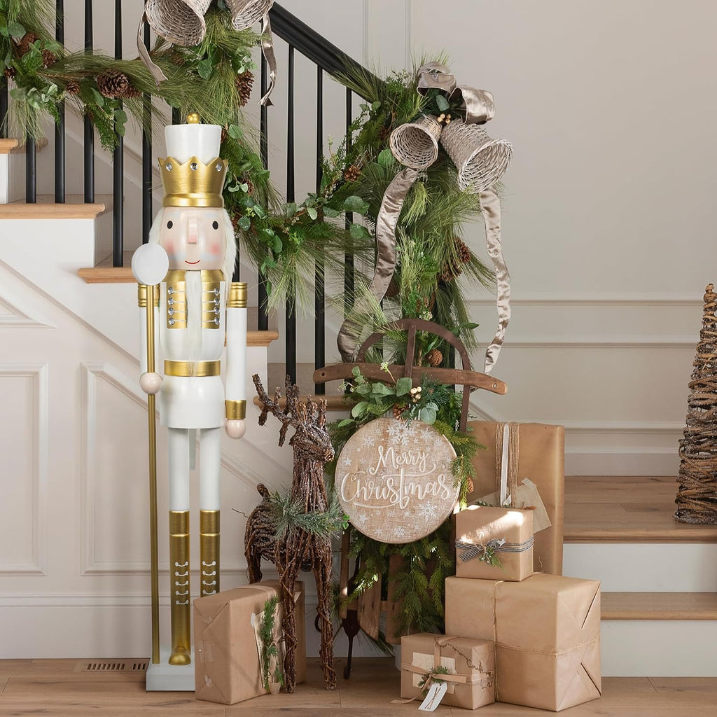 KI Store 4ft Wooden Christmas Nutcracker White and Gold Soldier Figurine Life Size Collectible Nutcracker Decorations for Christmas Decorations