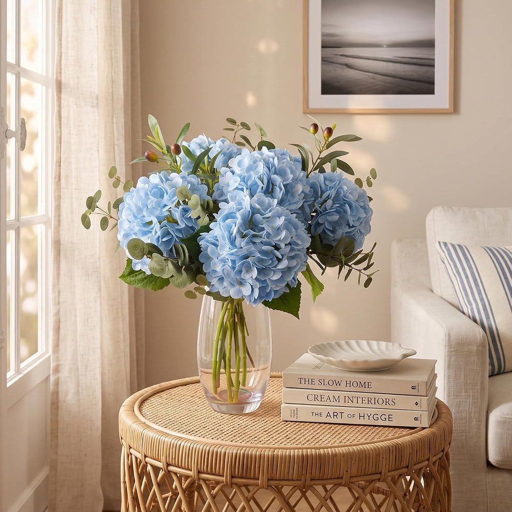 6 Pcs Blue Hydrangea Artificial Flowers with Olives & Eucalyptus
