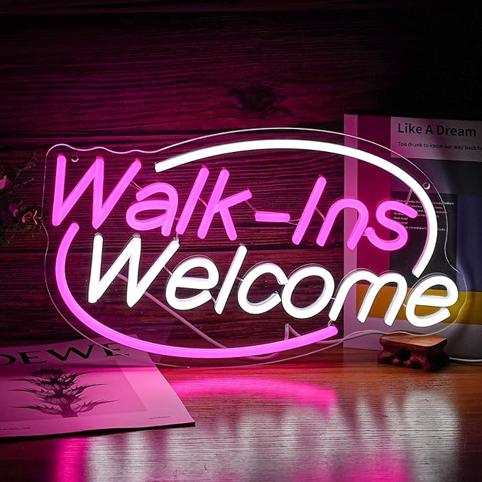 Walk-Ins Welcome Neon Sign, Neon Sign For Wall Decor, Pink + White Led Signs Usb Powered, Living Game Room Decor, For Bedroom Restaurant Bar Hotel Shop Party Birthday(16.5x9.4in)