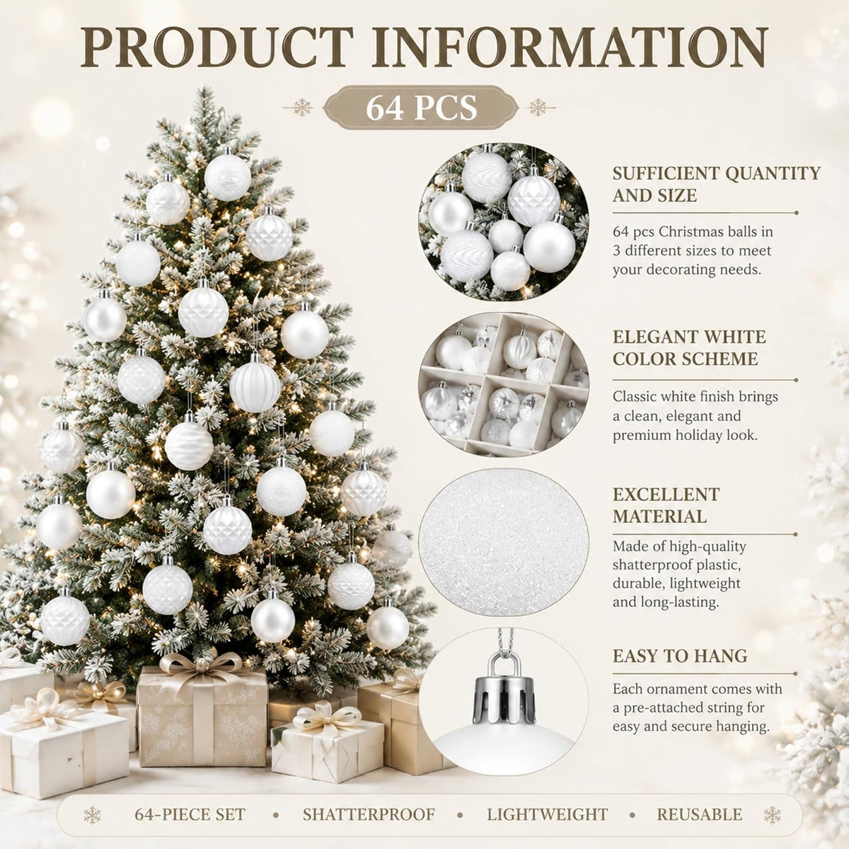 lunmon 64 pcs white christmas ball ornaments modern, side view