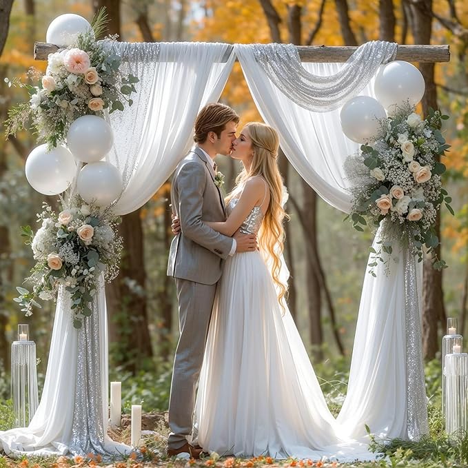 Wedding Arch Draping Fabric, 1 Panel 28" x19ft White Arch Drapes & 1 Panel 16" x19ft Silver Sequin Fabric Drapes Arbor Backdrop Curtain for Wedding Arch Ceremony Bridal Shower Reception