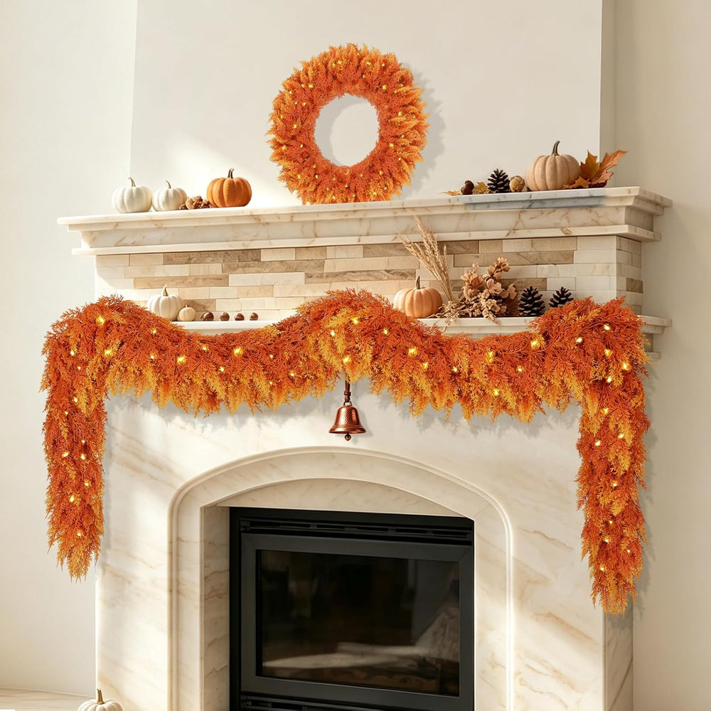 Thanksgiving Decorations, 9 FT Fall Cedar Garland with Lights for Mantle
