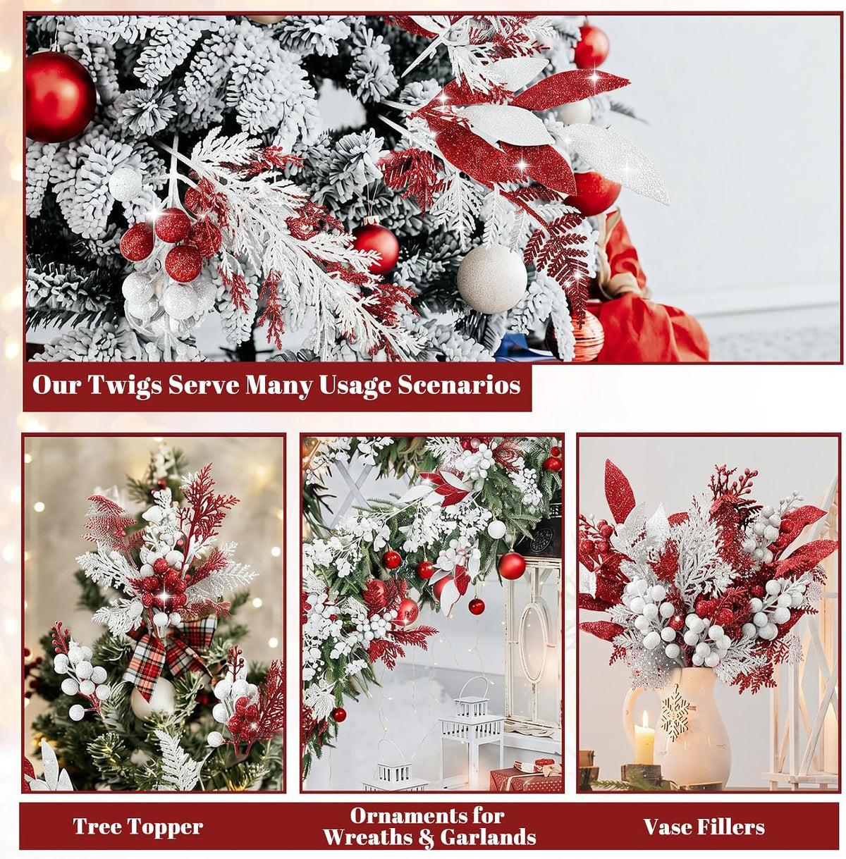 moucuny 75pcs christmas glitter picks, artificial stems, red, side view