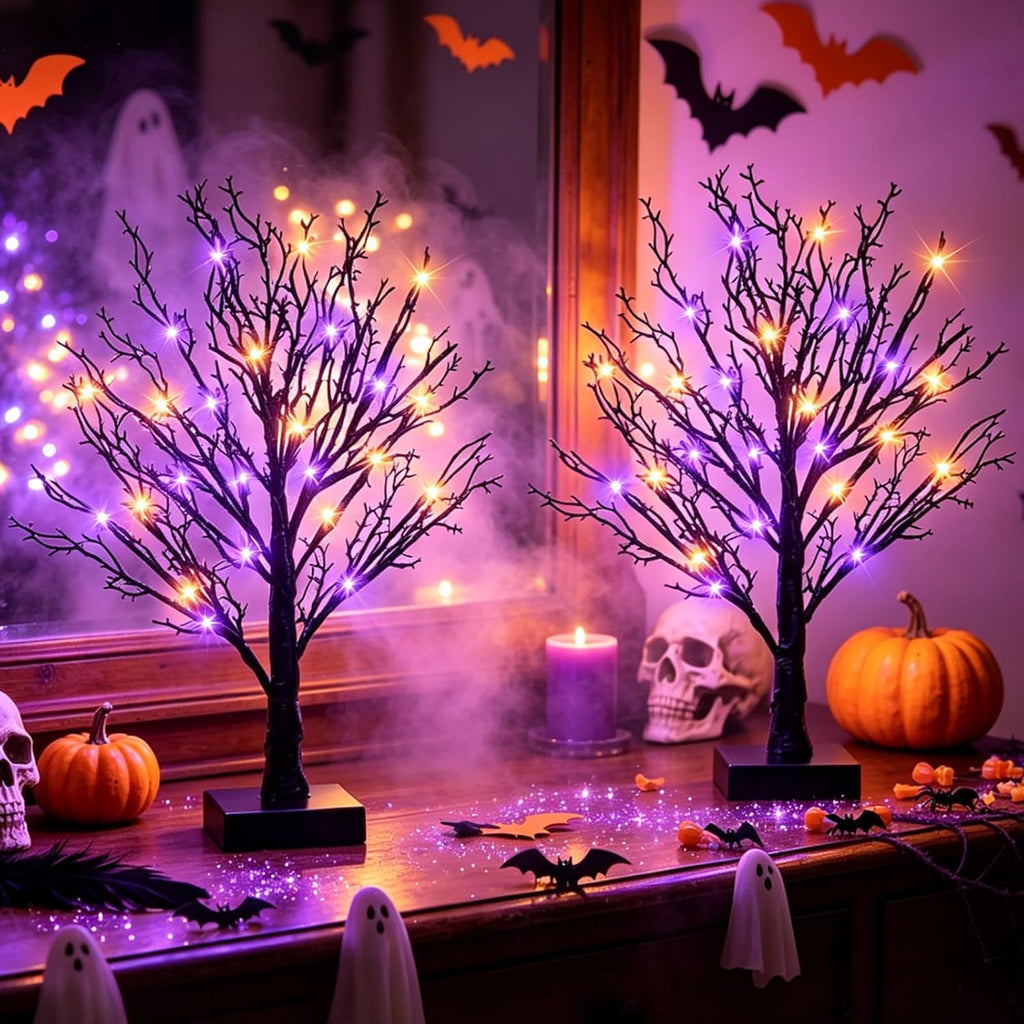 Halloween Decor Indoor, 2 Pack 24 Inch Black Halloween Tree Set, 48 Orange & Purple LED Lights, USB & Battery Powered Tabletop Spooky Twig Trees with 6H Timer, Creepy Halloween Decorations for Mantels