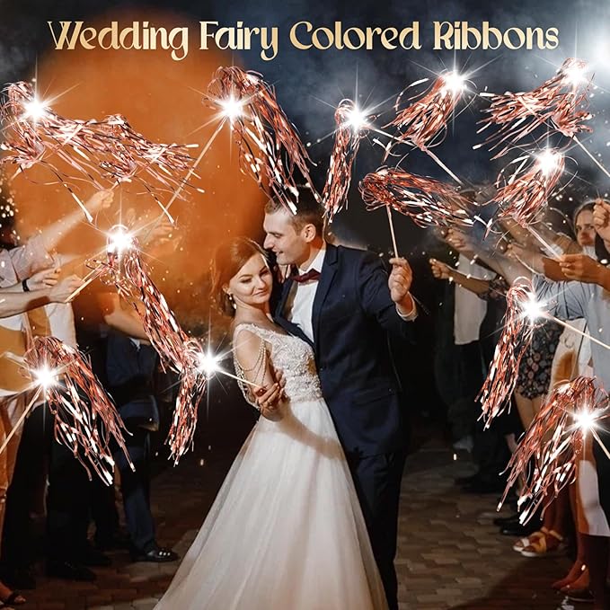 100 pcs Wedding Wands Light up with LED Tinsel Wedding Streamers for Wedding Send off and Greeting Ideal Props for Weddings, Birthday Parties, Christmas Cheerleading Games (Rose Gold)